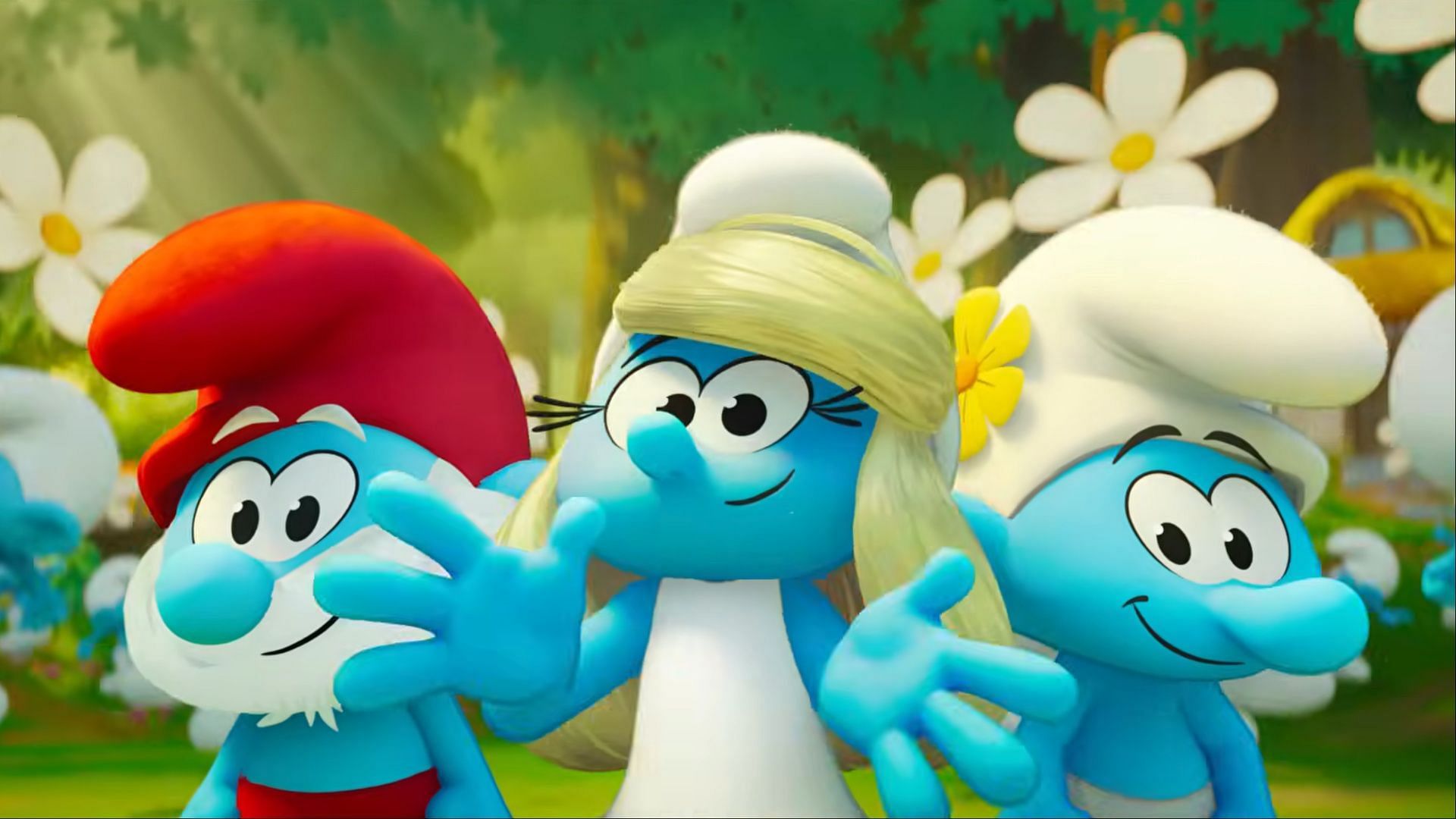 Smurfette takes the lead in Smurfs (2025) as Papa Smurf and fellow Smurfs rally behind her in their vibrant village. (Image via Paramount)